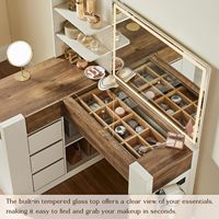 Bureau de toilette en L blanc avec plateau en verre, tiroir et miroir LED, station de charge intégrée et armoire de rangement pour la vente en gros