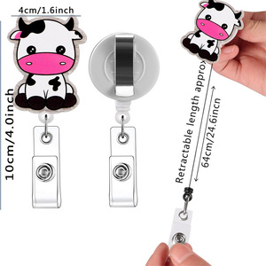 New cute cow badge scroll retractable <b>ID</b> <b>holder</b> acrylic easy-pull buckle glitter name tag pull cord wholesale - Product Image 4
