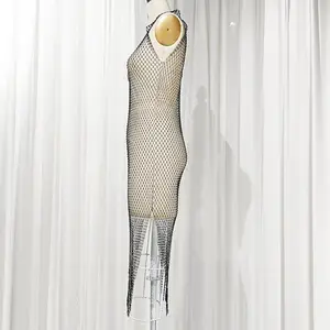 Elastic Fishnet Crystal Mesh Sleeveless Cover Up Swimwear Nightwear Party Club Bodycon Rhinestone Lingerie Women Sexy Dress