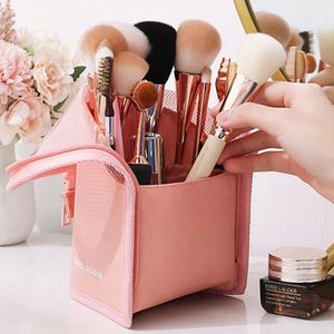 Sac cosmétique en polyester personnalisé avec logo, organiseur de pinceaux de maquillage, trousse de toilette de voyage multi-poches pour crayons à sourcils et rouges à lèvres - Product Image 5