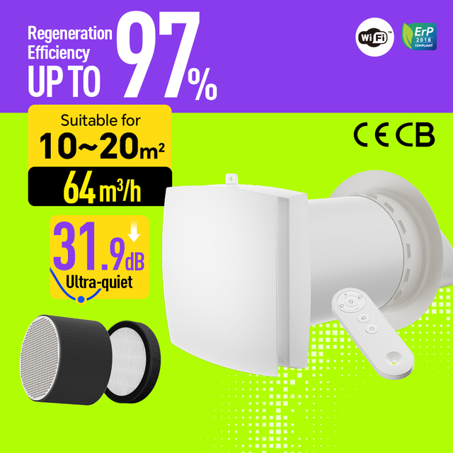 Wall-Mounted Ductless ERV WiFi Controlled 99% HEPA Filter HVAC Systems for Fresh for Air 99% Purification Heating Type