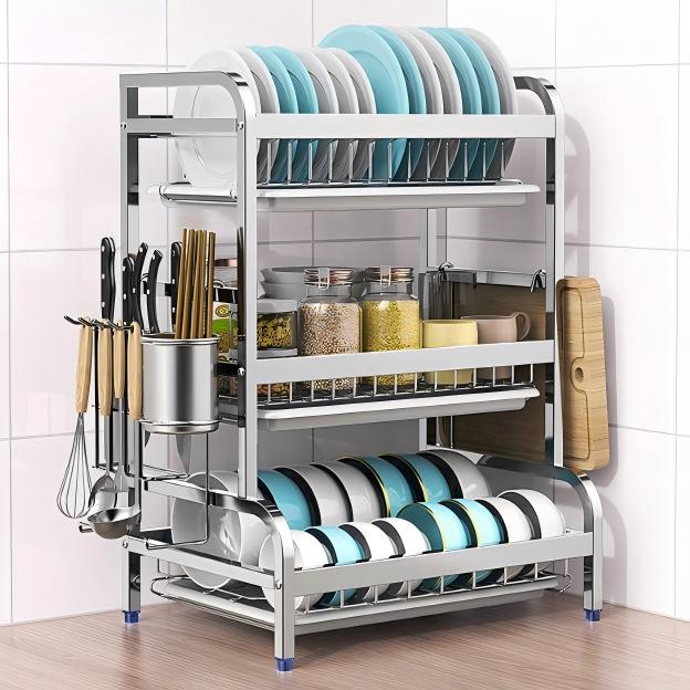 Argenté, 3 niveaux, avec porte-baguettes et support pour planche à découper.