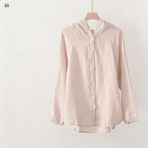 Camisa de Manga Larga con Botones para Mujer, 100% Cáñamo, Estilo Casual Chino, Protección Solar, con Sombrero - Product Image 1