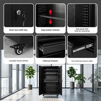 Armoire de rangement de garage en métal noir robuste avec tiroirs internes et roulettes, casier en acier verrouillable
