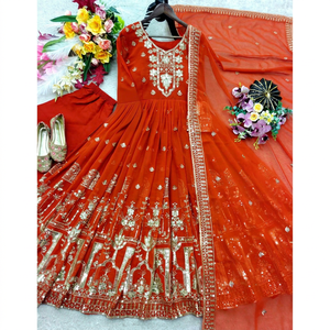 Robe Anarkali en polyester brodée orange avec dupatta, longueur au sol, tenue traditionnelle indienne et pakistanaise pour femmes, robe de mariage - Product Image 1