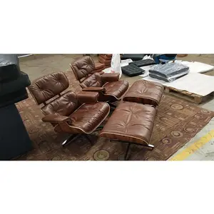 Customized for Spain Client brown genuine leather bentwood aluminum swivel reclining chair with ottoman