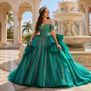 261094 Impresionante Vestido de Quinceañera Verde con Cuentas, Apliques de Encaje, Escote Corazón, Largo hasta el Suelo, Estilo Princesa - Product Image 1