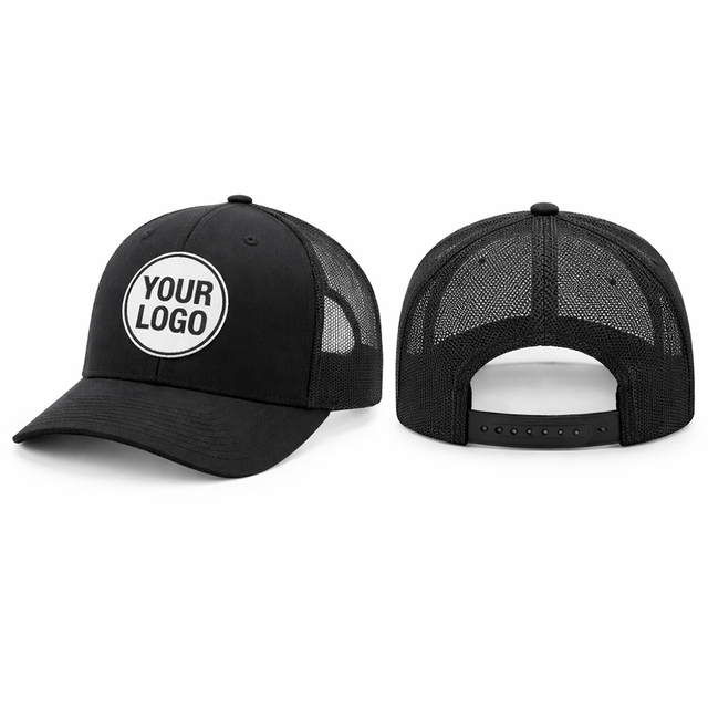 Premium Retail Quality Black 112 Trucker Hat with Custom Screen Print Logo High Profile Mesh Cap for Streetwear Branding