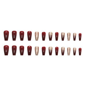 Poudre d'or scintillante <span class=keywords><strong>bordeaux</strong></span> manucure de mariée française <span class=keywords><strong>faux</strong></span> <span class=keywords><strong>ongles</strong></span> couverture complète plastique longue durée 24 pièces <span class=keywords><strong>ongles</strong></span> de doigt pour les vacances - Product Image 5