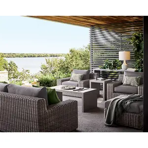 Outdoor High Quality Set Wicker Garden Furniture Corner Rattan Sofa with Cushion and Puff Foot Stool for Resort Aluminum Modern