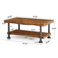 Mesa de Centro Retangular de 47 Polegadas Estilo Fazenda em Madeira Maciça com 2 Níveis, Prateleira com Borda Natural e Pernas de Metal para Sala de Estar