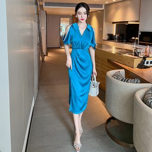 Abito longuette estivo con spalle scoperte abito Casual da <span class=keywords><strong>donna</strong></span> <span class=keywords><strong>blu</strong></span> colletto rovesciato abito Midi con spacco alto Vestidos - Product Image 4