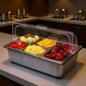 Contenedor de exhibición de alimentos para mostrador con 5 compartimentos y tapa, de acero inoxidable pulido a espejo, para condimentos de restaurantes y hoteles. - Product Image 2