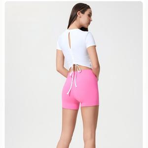 Women <b>Back</b> Drawstring Ruched Cutout Yoga Crop Top Short Sleeve Slim Stretch Athletic T-Shirt Built In <b>Bra</b> Pilates Workout Tee - Product Image 4