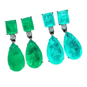 Batu kaca alami hijau zamrud dan Pariba turmalin perhiasan bentuk air grosir dengan anting modis CZ