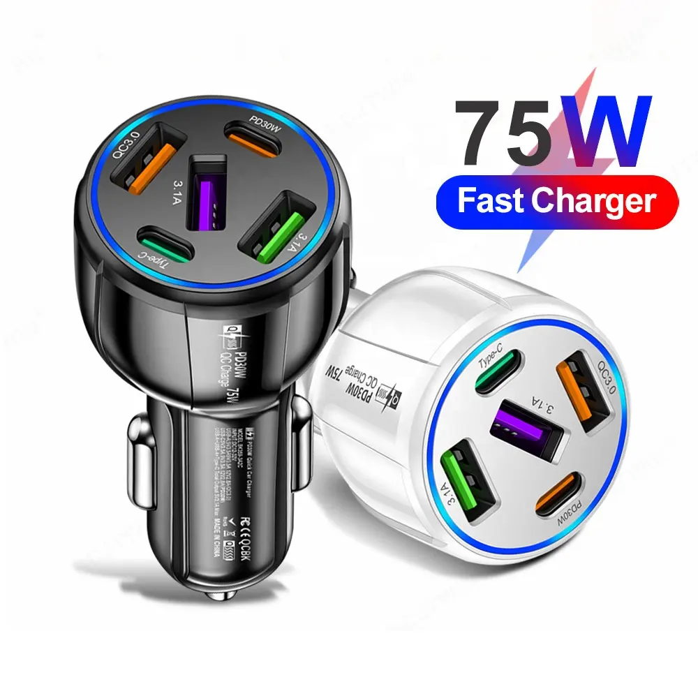 75W Dual USB type-C PD Car Charger Fast Charging USB C Car Phone Charger + 3 USB Port For Xiaomi For Samsung For iPhone