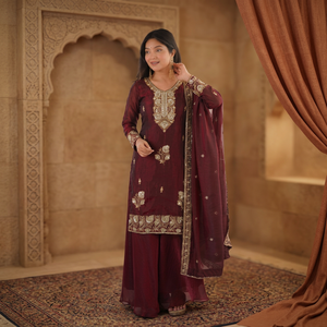 Nuevo Lanzamiento TENNECY, Conjunto de Fiesta para Mujer, Diseño de Diseñador, Bordado en Seda con Lentejuelas de 3mm, Top y Pantalones Plazzo con Dupatta, para Todas las Temporadas - Product Image 1