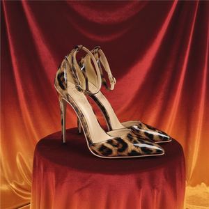 12CM Height Leopard Print High-heeled Sandals Straight Buckle Thin Heel <b>Pointed</b> Toe Fashionable Sexy Luxury Pumps for Women - Product Image 1