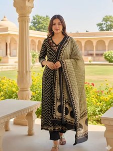 Ensemble de costume pour femme en coton noir et beige à imprimé géométrique, séchage rapide, sans plis, élégant, ethnique, décontracté, kurta, pantalon, dupatta - Product Image 3