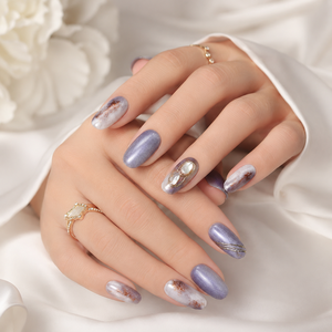<span class=keywords><strong>Faux</strong></span> ongles élégants faits à la main, <span class=keywords><strong>gris</strong></span> lavande marbré avec perle décorative et ligne dorée, à presser, OEM, marque privée - Product Image 4