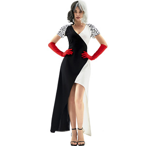 Traje de payaso de bruja en blanco y negro, traje de <span class=keywords><strong>Cruella</strong></span> de película de escenario, vestido de perro manchado, poliéster, mujer, Halloween, adulto - Product Image 4