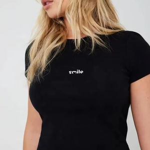 Gym 95% Katun 5% Spandeks Katun Bergaris Rajutan Semi Dipasang Crew Leher Bayi Tee Wanita Slim <span class=keywords><strong>Crop</strong></span> Top Setengah T Shirt untuk Anak Perempuan - Product Image 1