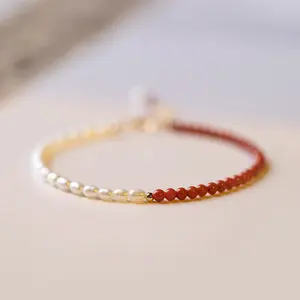 Natural South Red Agate Bracelet Chinese Jewelry 2-3mm Small Freshwater Pearl Bracelets