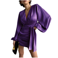 Robe de soirée décontractée en satin de luxe français, coupe mini trapèze, printemps-automne, en polyester/coton écologique, col en V, unie, pour femme