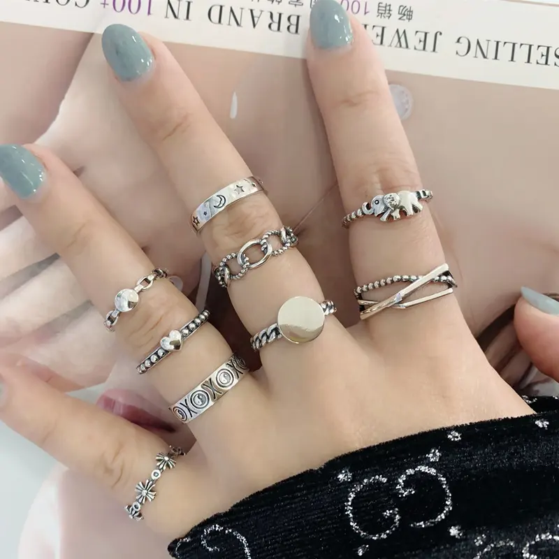 Moda antika 925 ayar gümüş lady kadınlar için trendy ayarlanabilir tam parmak yüzük seti takı