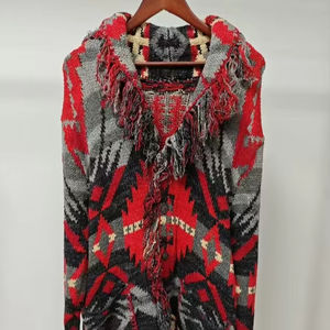 "Vibrant Southwestern-Inspired <b>Men's</b> <b>Knit</b> <b>Cardigan</b> with Bold Geometric Patterns, Fringed Edges, and Cozy Hooded Design." - Product Image 1