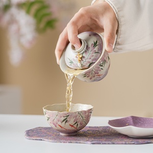 Caramel Hand-painted wisteria flower cover bowl one <b>cup</b> kung fu teapot teacup household combination travel <b>tea</b> set cloth bag set - Product Image 4