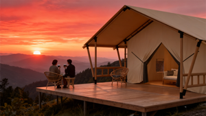 Tentes de glamping de luxe modulaires quatre saisons préfabriquées imperméables double couche forme triangulaire une chambre un salon en PVC - Product Image 2