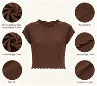 Kaos Wanita Lengan Pendek Cokelat 2026 100% Katun Anti-Kerut & Ramah Lingkungan Rajutan Rib Slim Fit Bernapas