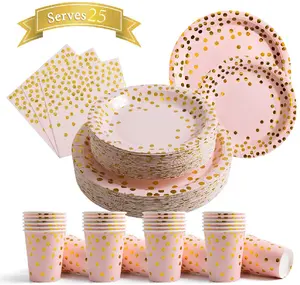 100 Pink Disposable Paper Plate Napkin Sets Party Items Pink Gold Dots 25 Dinner Plates Dessert Plates Napkins