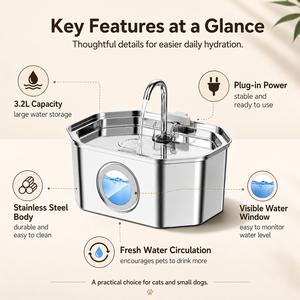 Fontaine à eau électrique pour animaux de compagnie de qualité supérieure, 3,2 L, en acier inoxydable, système de filtration automatique pour chats et chiens d'intérieur, fonctionnement silencieux - Product Image 3