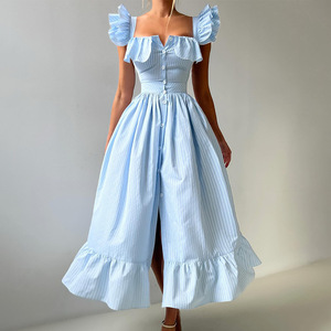 Robe longue décontractée rayée en coton pour femme, style vintage, nouvelle collection été 2026, avec cardigan boutonné, taille cintrée et manches volantées, col carré - Product Image 2
