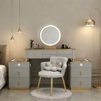 Vente flash, coiffeuse de luxe légère, cadre doré, tabouret à fleurs, ensemble de coiffeuse, miroir LED, tiroirs de rangement pour la chambre à coucher