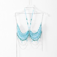 Bikini halter top fait main avec paillettes turquoise, chaîne de corps pour les fêtes, bijoux de sirène, soutien-gorge bleu avec pierres précieuses, bralette perlée