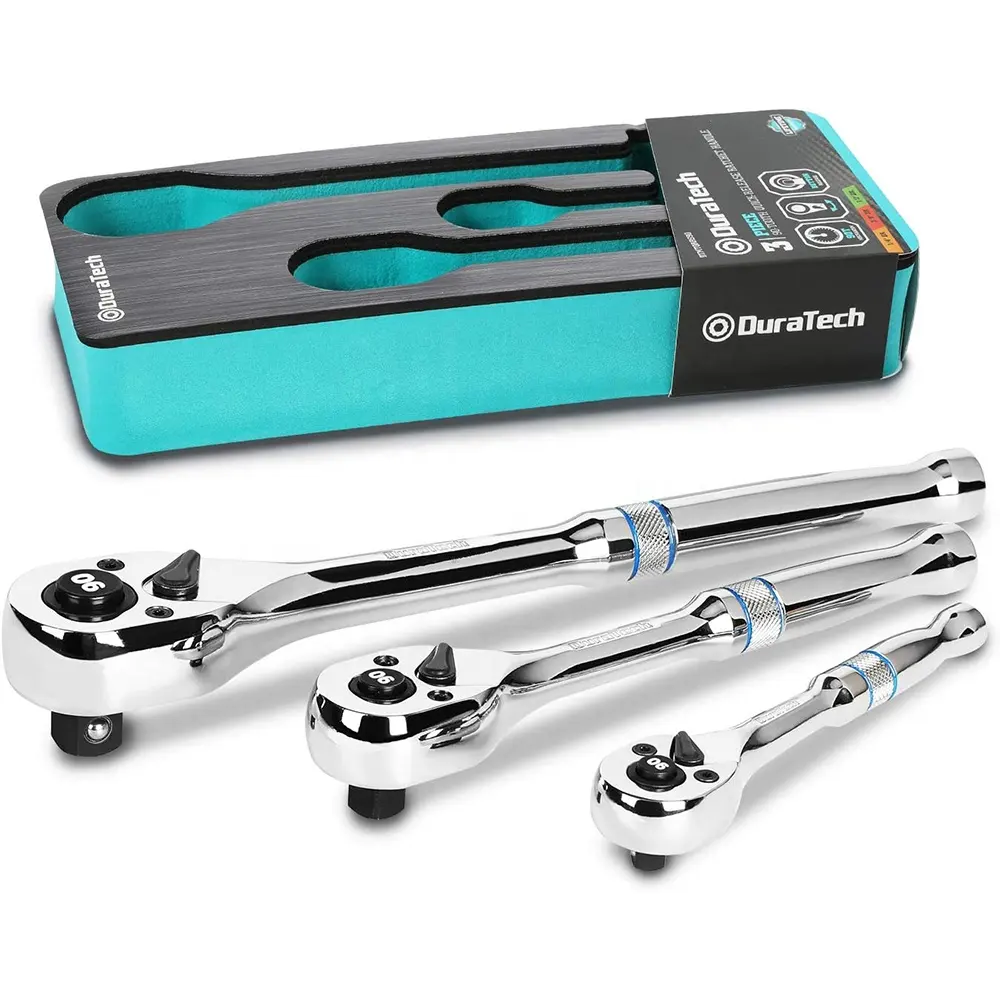 DURATECH 3pcs Ratchet Set 1/4"  3/8"  1/2" Drive 90-Tooth Ratchet wrench handle Quick-release mini ratchet tool set