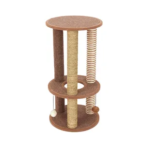 Amazon bestselling 33 inch 3 Tier Cat Scratching Post Hanging Feather and Fluffy Ball Brown