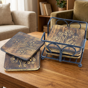 Handcrafted Vintage Coaster <b>Set</b> Floral Engraved Wooden Drink Mats Metal Holder Classic Style 5mm Thickness Decor <b>Placemat</b> Units - Product Image 1