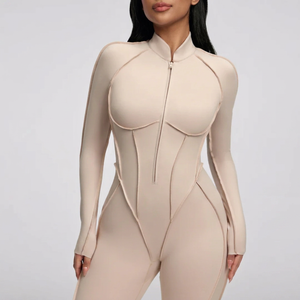 Faja Moldeadora de Yoga de Cintura Alta para Mujer, Beige Sólido, Sin Mangas, Sin Tirantes, con Cremallera, Control de Abdomen, Ajuste Ceñido, Largo Completo, Secado Rápido - Product Image 1