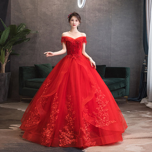 Off The Shoulder Red Wedding Dress Sweetheart Neckline Floor Length Ball Gown Floral Print Evening Gown - Product Image 1