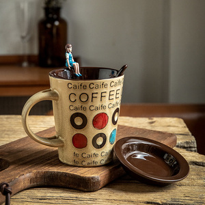 แก้วกาแฟเซรามิกทาสีด้วยมือสไตล์อเมริกันวินเทจพร้อมฝาและช้อนสำหรับลาเต้คาปูชิโน่ทำให้เป็นของขวัญที่ยอดเยี่ยม - Product Image 4