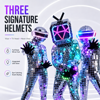 Costume de robot miroir avec casque LED, visière néon argentée, combinaison intégrale, pour scène, DJ, homme, danse, gants, tenue de fête futuriste