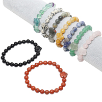 Bracelet extensible en perles de cristal naturel en gros avec perle fleurie en pierre précieuse sculptée, quartz rose, aventurine verte, obsidienne en vrac