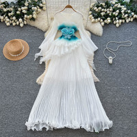 Robe longue décontractée plissée en mousseline de soie pour femme WIWT, élégante, avec décor floral 3D et volants, sans manches, pour le quotidien et les soirées
