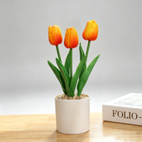 Mini-bonsaï de tulipes artificielles en PU à 3 têtes pour décoration intérieure de bureau, personnalisable avec étiquette privée