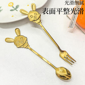 Cartoon Rabbit Stainless Steel Spoon And <b>Fork</b> Set For <b>Dessert</b> Coffee Kids Tableware Creative Golden Design - Product Image 1