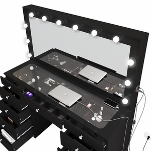 Coiffeuse avec miroir de maquillage, 6 <span class=keywords><strong>tiroirs</strong></span>, couleur <span class=keywords><strong>noire</strong></span>, table de toilette pour chambre à coucher, avec éclairage LED moderne - Product Image 2